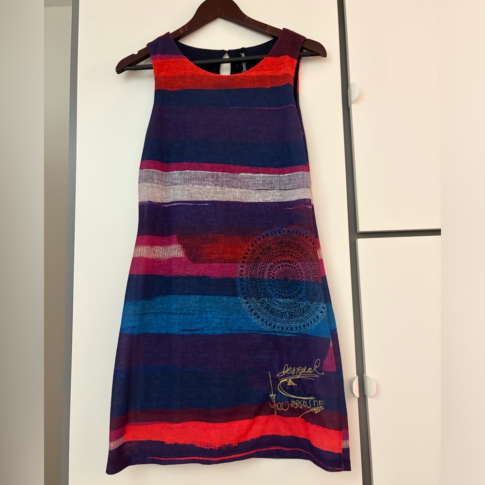 Desigual Multicolor Striped Mini Dress in Navy, Red & Teal